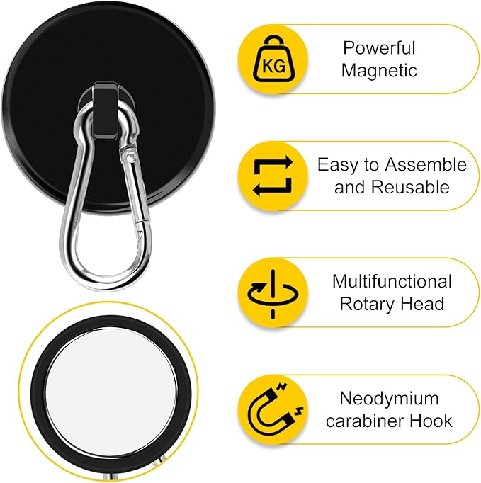 DIYMAG Black Magnetic Hooks,200LBS Strong Heavy Duty Neodymium Magnet Hooks ，Strong Magnetic Hooks for Hanging at Home, Office Locker, Workplace, Refrigerator, Cruise Ship or Travel, 4 Pack