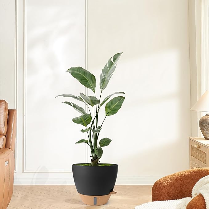 Self Watering Pots for Indoor Plants 12/10/9/8 Inch Large Plastic Self Watering Flower Pots Indoor Outdoor with Drainage Holes, Deep Reservoir,Nursery Planting Pot for Indoor Outdoor Plants Black