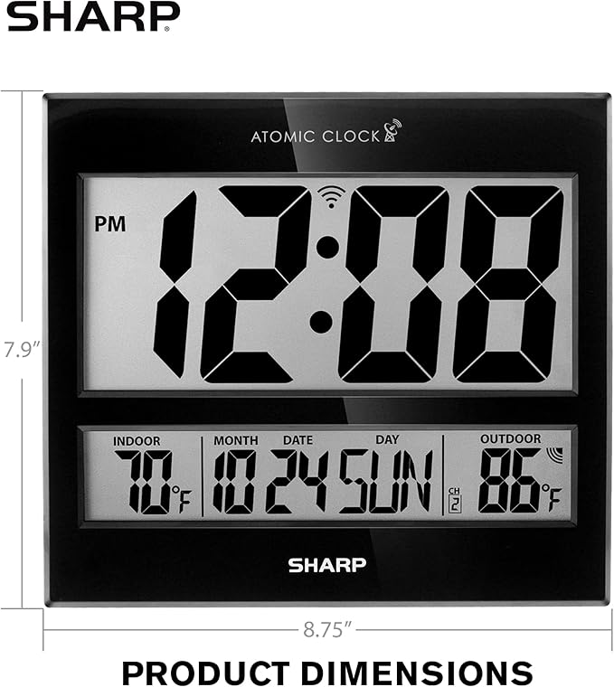 Sharp Atomic Clock – Never Needs Setting, Jumbo 3” Easy-Read Display, Indoor &
