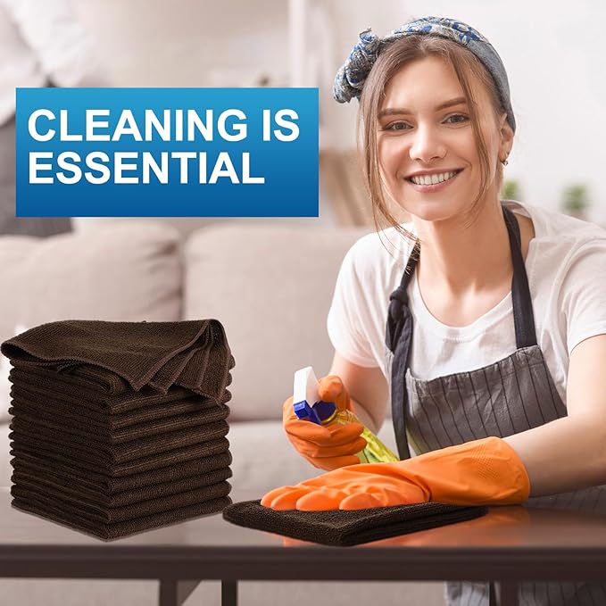 Tenare 100 Pack 12'' x 12'' Microfiber Cleaning Cloths Reusable Cleaning Rags Bulk Microfiber Towels Softer Highly Absorbent Washcloths for House Kitchen Car Window(Brown)