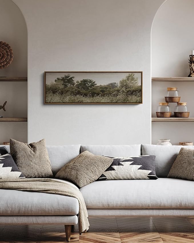 InSimSea Extra Large Framed Vintage Wall Art, Living Room Country Farmhouse Decor, Grassland Landscape Paintings, Canvas Prints, Retro Scenery Long Picture for Bedroom Above of Bed,12x36inch