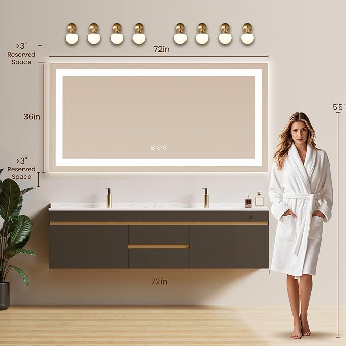 72X36 LED Bathroom Mirror with Lights, Backlit + Front Lit, Lighted Bathroom