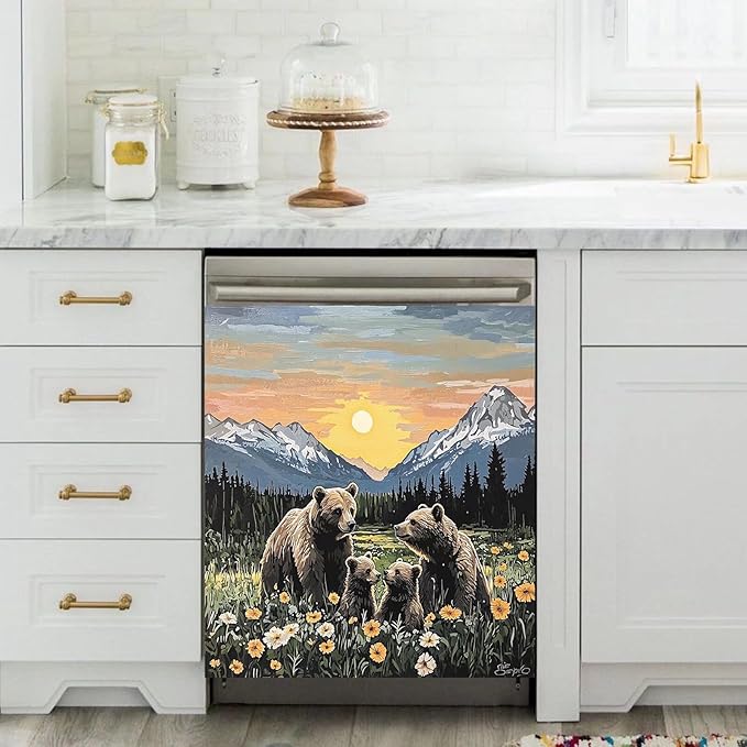 Dishwasher Magnet Cover Panel Sunset Garden Bears Refrigerator Magnetic Stickers Oil Painting Style Brown Bear Magnetic Dishwasher Decals for Home Kitchen Decor 23" x 26"(Magnetic)