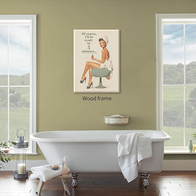 Boho Sage Green Bathroom Poster Vintage 70s Pin Up Girl Wall Art 12X16 inch