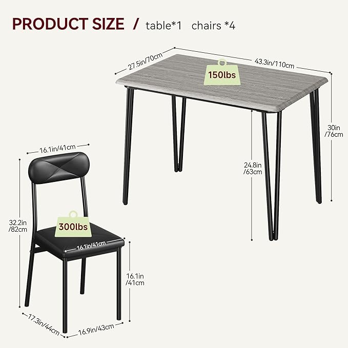 GarveeHome Dining Table Set for 4, Kitchen Table with Upholstered Chairs for Kitchen Room and Small Spaces (Grey, Table with 4 Chairs)