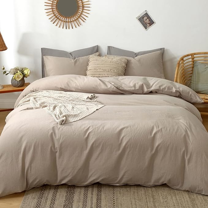 MooMee Bedding Duvet Cover Set 100% Washed Cotton Linen Like Textured Breathable Durable Soft Comfy (Heathered Taupe, Oversized Queen 98"x98")