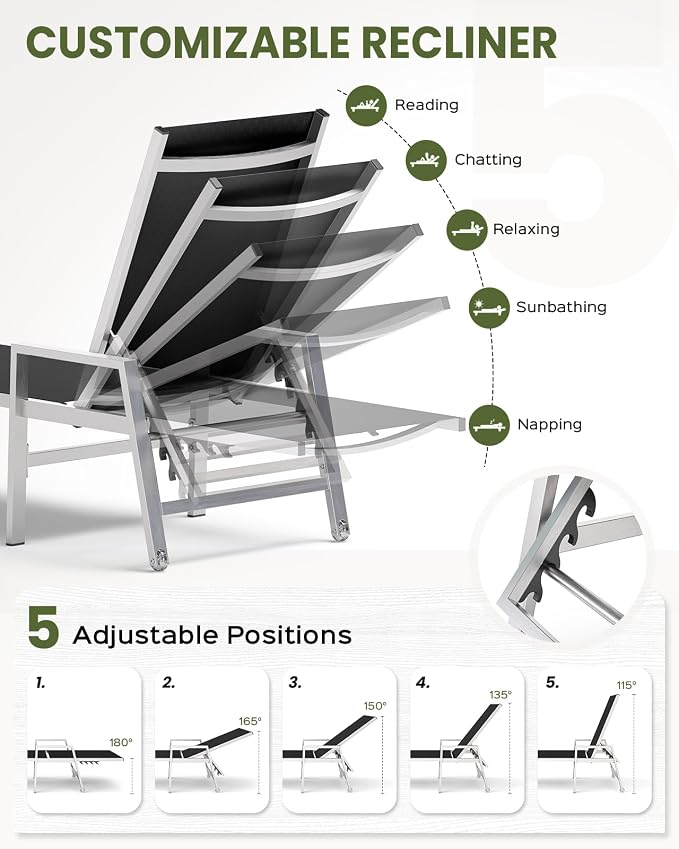Patio Chaise Lounge Chair Outdoor with Wheels&Armrests, Aluminum Pool Lounge Chairs Set of 2 Five-Position Adjustable Recliner, Outdoor Beach Lounge Chairs for Poolside, Patio, Deck, Garden, Black