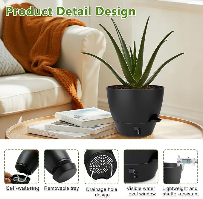QRRICA Plant Pots 10/9/8/7.5/7 Inch Self Watering Pots, with Drainage Holes and Saucers,Water Level Indicator & Deep Reservoir,Large Plastic Planter for Indoor Out Door Plants (Pure Black)
