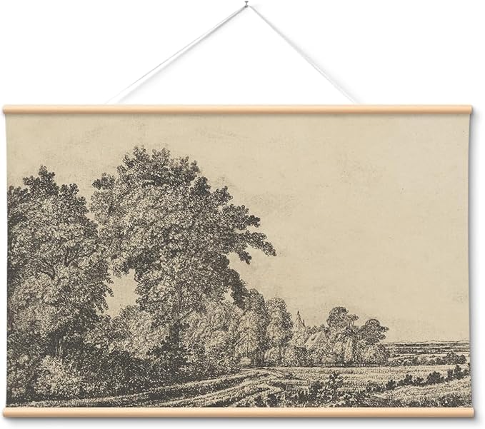 VIYYIEA Extra Large Size Canvas Wall Art, 36x54 Inch Vintage Tree Landscape Hanging Scroll, Black and White Rustic Country-Inspired Artwork for Living Room, Bedroom, Office