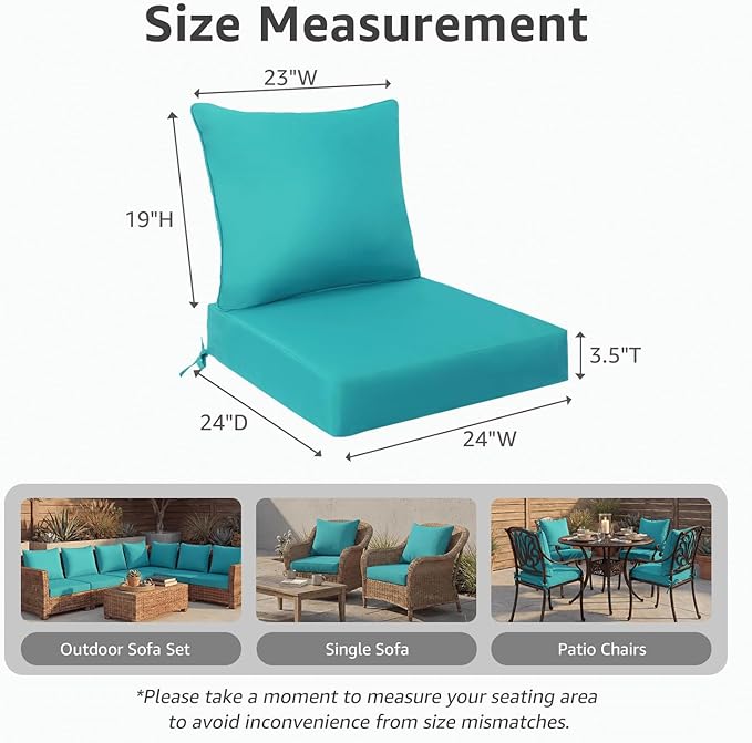 PatioGlow Outdoor Seat Cushion Set, 24" x 24" x 3.5", Set of 2, Water-Resistant & Fadeness Patio Furniture Cushions with Removable Cover & Ties, Thick Deep Seating Pads for Outside Sofa Couch, Teal