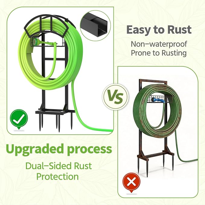 LASZOLA Garden Water Hose Holder Hanger for Outside, Freestanding Garden Hose Reel Rack Outdoor with Storage Basket, Heavy Duty Metal Water Pipe Stand 5 Spikes for Patio Yard Lawn, Holds 151ft, Black