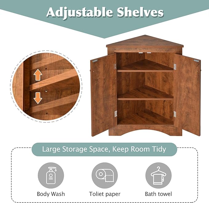 Corner Storage Cabinet with Adjustable Shelves, Triangle Bathroom & Kitchen Organizer, Freestanding Floor Cabinet for Toilet Kitchen Bathroom Cleaning Supplies (Brown)