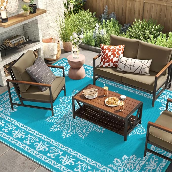 Yamaziot Outdoor Rug 6x9 Ft, Waterproof Plastic Straw Patio Rug, Reversible Backyard Carpet UV Resistant Portable RV Mat Clearance, Large Indoor Outdoor Rug for Patio, Porch, Deck, Balcony, Teal