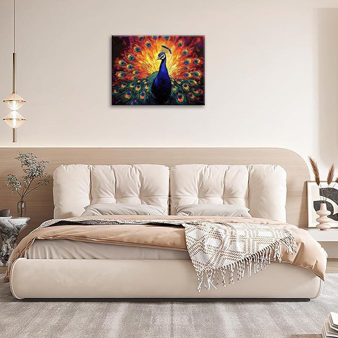 Peacock Wall Art, Elegance Peacock Pictures Wall Decor, Colorful Animal Canvas Prints Painting, Framed Artwork For Bathroom Living Room Office Bedroom Dining Room 20"X16"