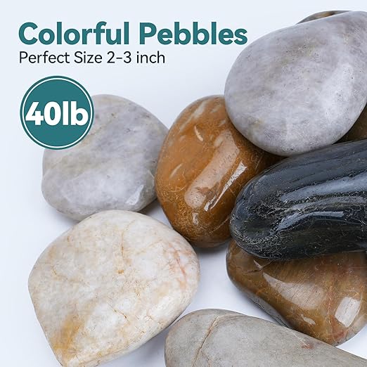 40lbs River Rocks, 2-3 Inch Plant Rocks for Pots Indoor, Decorative Garden Rocks Outdoor Landscaping, Polished Natural Stone for Walkways, Yard, Vases, Crafts
