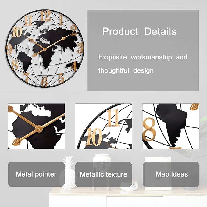Large World Map Wall Clock, Metal Minimalist Modern Clock, Round Silent