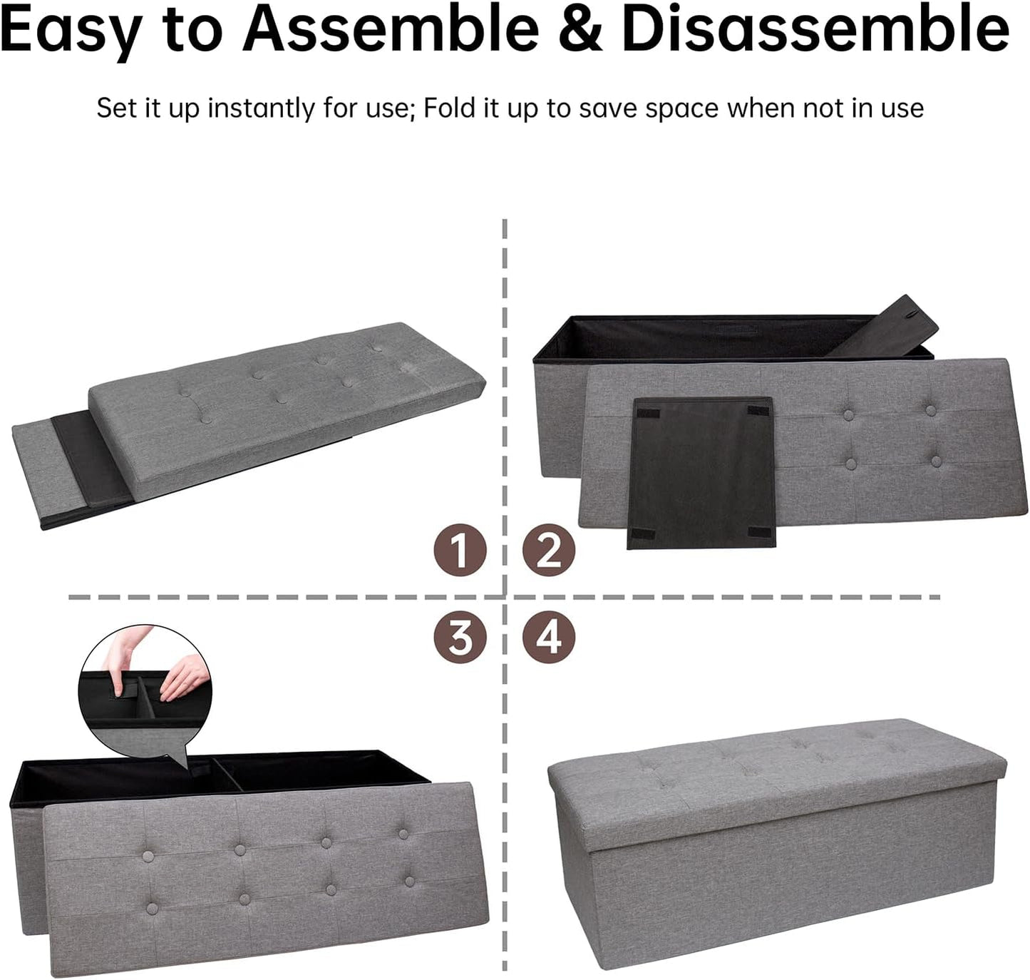 GLAXYFUR 43.3 inches Folding Storage Ottoman Bench Storage Chest Footrest for Bedroom, Entryway and Living Room, Holds up to 660 lb Dark Grey