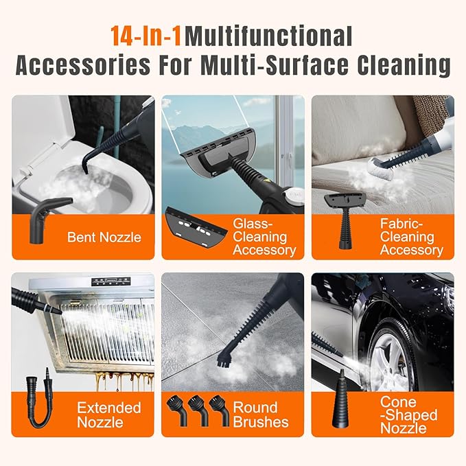 Pressurized Handheld Steam Cleaner for Home, Multi-Surface Steamer with 14 PCS Accessories for House Cleaning, 20S Fast Heat Up, 1350W Portable Steamer Cleaner with Safety Lock for Bathroom, Kitchen