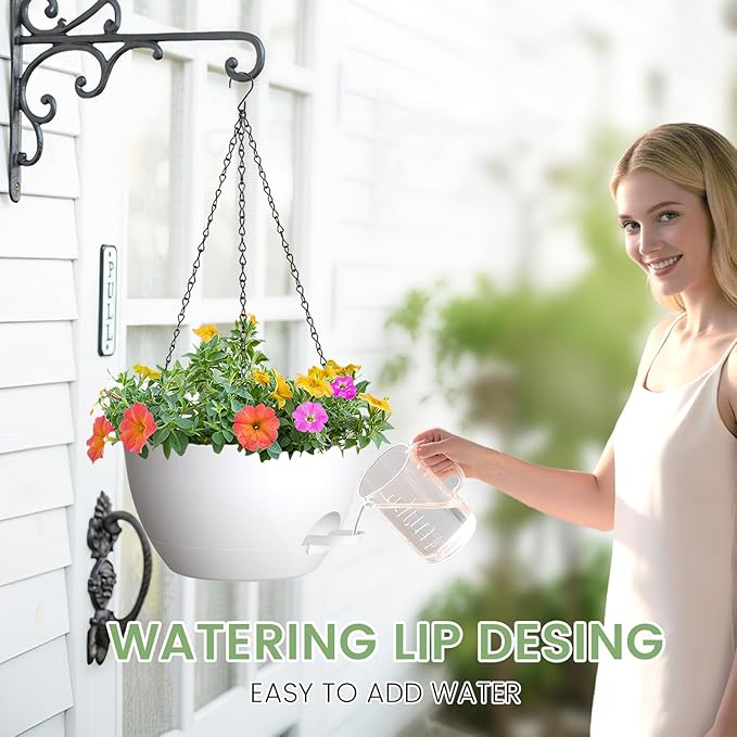 2 Pack 12 Hanging Flower Pots with Chains - Self Watering Plastic Planters for Indoor & Outdoor Plants, Sturdy Triangular Iron Chain Design for Garden PorchPlastic Hanging Flower pots (White)
