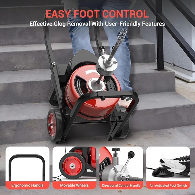 100Ft 1/2 Inch Drain Cleaning Machine, 450W Portable Drain Cleaning Machine Auto Feed Electric Sewer Snake, Electric Drain Auger with 6 Cutter Air-Activated Foot Switch for 2" to 4" Pipes