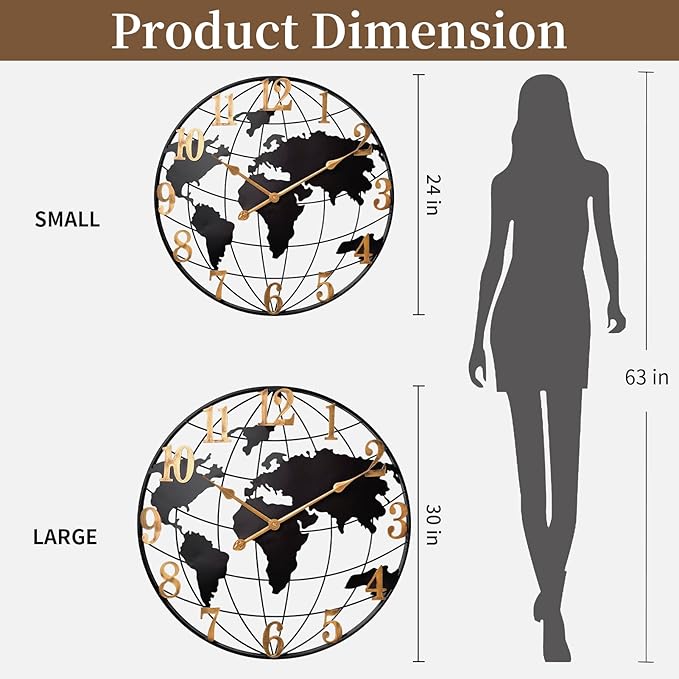 Large World Map Wall Clock, Metal Minimalist Modern Clock, Round Silent