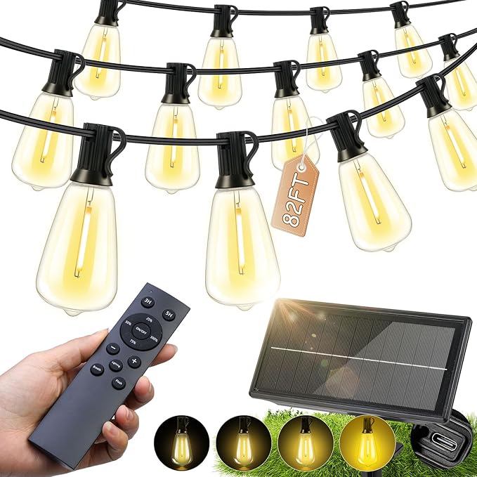 Solar Lights Outdoor Waterproof: ST38 82FT 25M Shatterproof Bulbs Patio Lights - Solar Powered & USB Charging- Remote Control 3 Light Modes Dimmable Solar Light - Camping Backyard Garden
