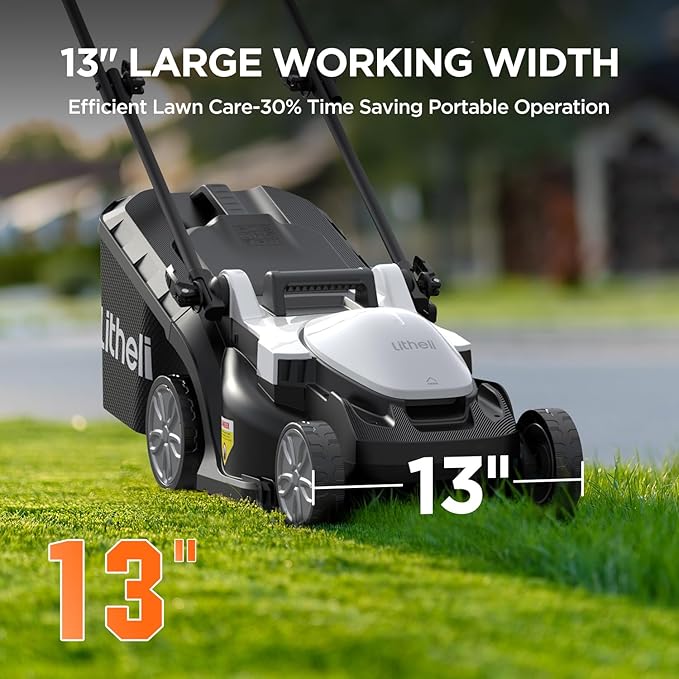 Litheli 13.2inch Electric Lawn Mower Cordless,Grass Cutter Machine for 1600 Sq.Ft.Lawnmower with Brushless Motor, 8 Gallon Capacity, Cutting Height from 1 to 2.5 in, Includes 1 4.0 Ah Battery