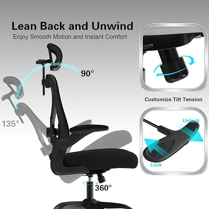 Office Chair for Back & Neck Pain Relief, Virgin Foam Seat, 2D Adjustable Lumbar & 3D Headrest, Flip-Up Armrests, Tilt & Rock for Relaxation, Black/Carbon Fiber