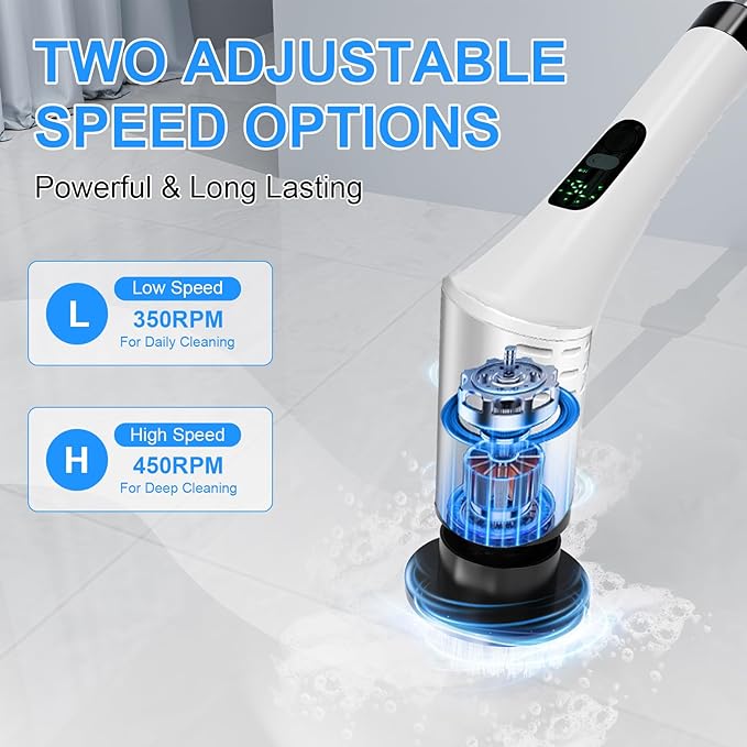 Electric Spin Scrubber, Cordless Shower Cleaning Scrubber with 9 Brush Heads, 2 Speed with Adjustable Extension Handle, Waterproof Bathroom Scrubber with LCD Display for Bathtub Kitchen Wall