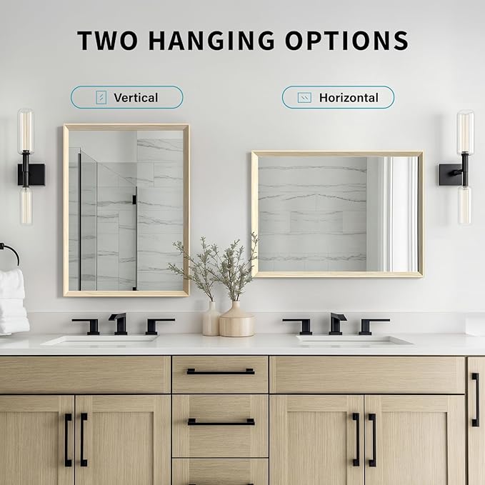 Oak Wood Effect Framed Wall Mirror, 30x36 Rectangle Mirror, Anti-desilvering