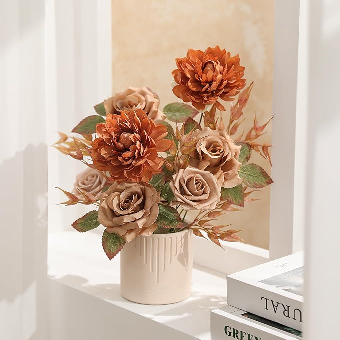 Artificial Flowers Combo Box Set Dusty Coffee Color Flower Leaf with Stems for DIY Wedding Bouquets Centerpieces Baby Shower Party Home Decorations