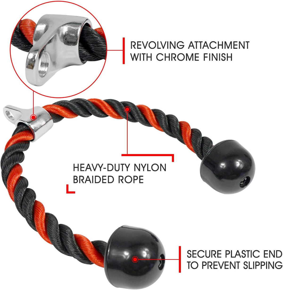Yes4All Deluxe Tricep Rope - Adjustable 27 & 36 Inch Cable Attachment for Gym Pulley System | 4 Colors Available