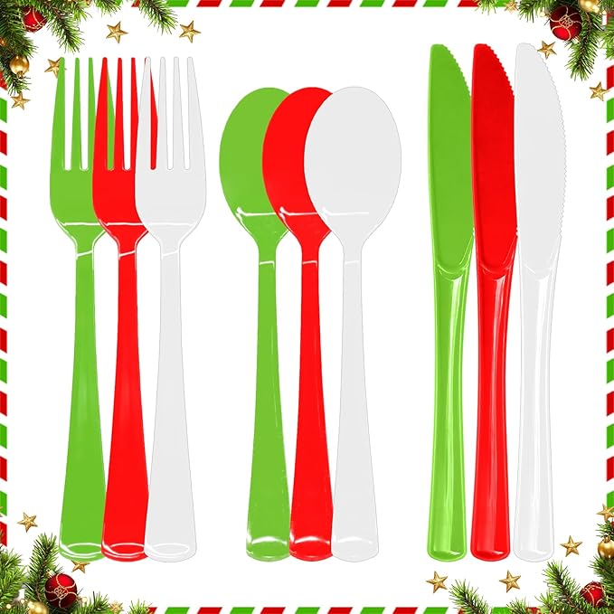 153 Pcs Christmas Plastic Silverware Heavy Duty Disposable Tableware Sets Includes Spoons Forks Knives for Christmas Party Supplies (Red, Bright Green, White)