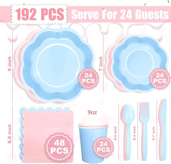 192 Psc Baby Gender Reveal Plates And Napkins Set Party Supplies - For 24 Guests Paper Plates And Napkins Knives Spoons Forks Cups - For Baby Shower Gender Reveal Party