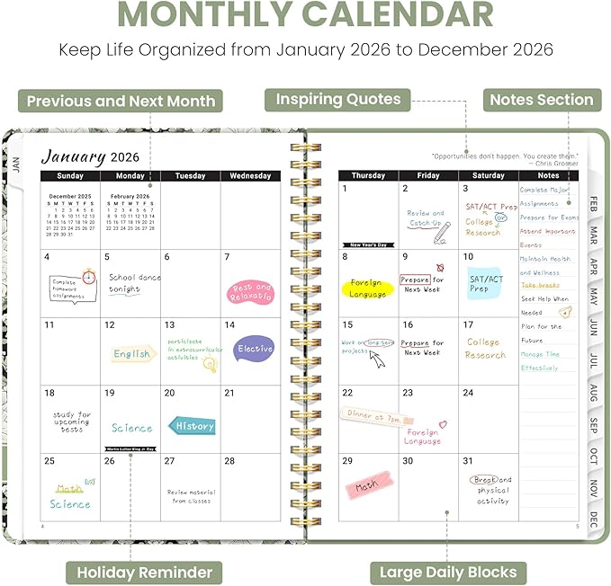 2026 Planner, Weekly and Monthly Planner for Women, Jan 2026 - Dec 2026 Pretty 2026 Calendar Planner with Monthly Tabs, Inner Pocket, Spiral Binding, Perfect for Office Home School - 6.3" x 8.5", Emerald Harmony
