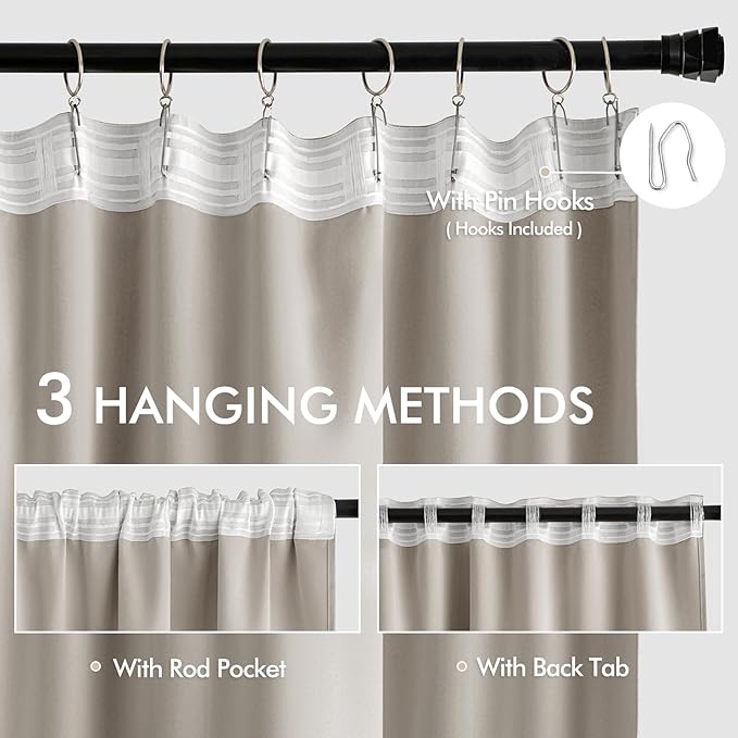 MIULEE Natural Back Tab Blackout Curtains 102 Inch Long 2 Panels Set