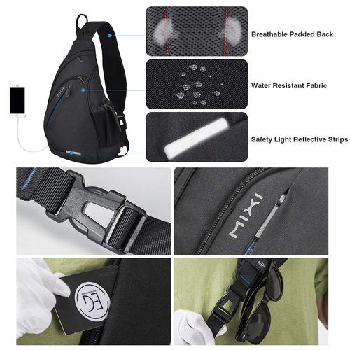 mixi Sling Bag Men Backpack Unisex One Shoulder Bag Hiking Travel Backpack Crossbody with USB Port for Men Women Versatile Casual Daypack-19 inch,Black