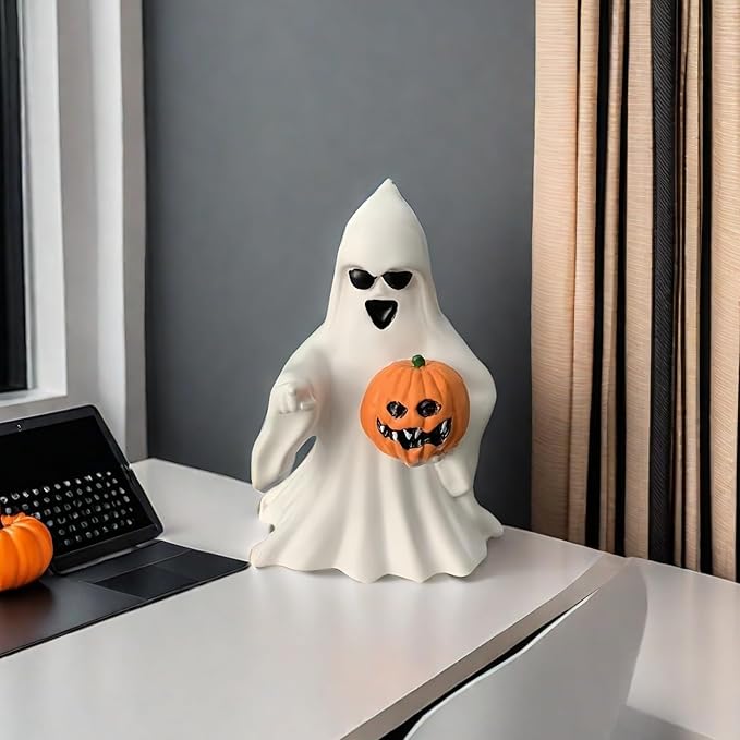 Halloween Ghost Figurine - Spooky Resin Ghost Statue, Cute Finger Ghost Ornaments, Perfect for Indoor & Porch Halloween Decor (Ghost with Pumpkin)