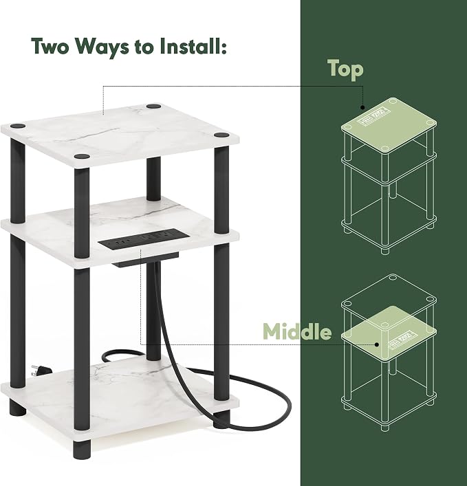 Furinno JUST Side Table Set of 2, 3-Tier Modern End Table with Charging Station, Open Shelf Night Stand, Bedside Table with USB and Type-C Port, for Living Room, Bedroom, Marble White