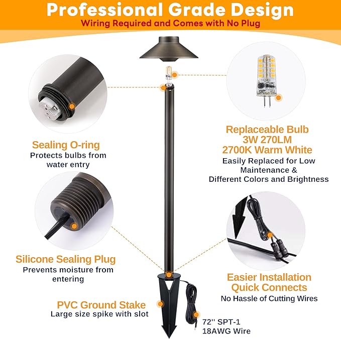Brass Low Voltage Path Lights - 12V Landscaping Pathway Light IP65 Waterproof, Wired Walkway Lighting Outdoor, LED Bronze for Lawn Area Backyard with 3W 2700K Warm White G4 Bulb (8 Pack)