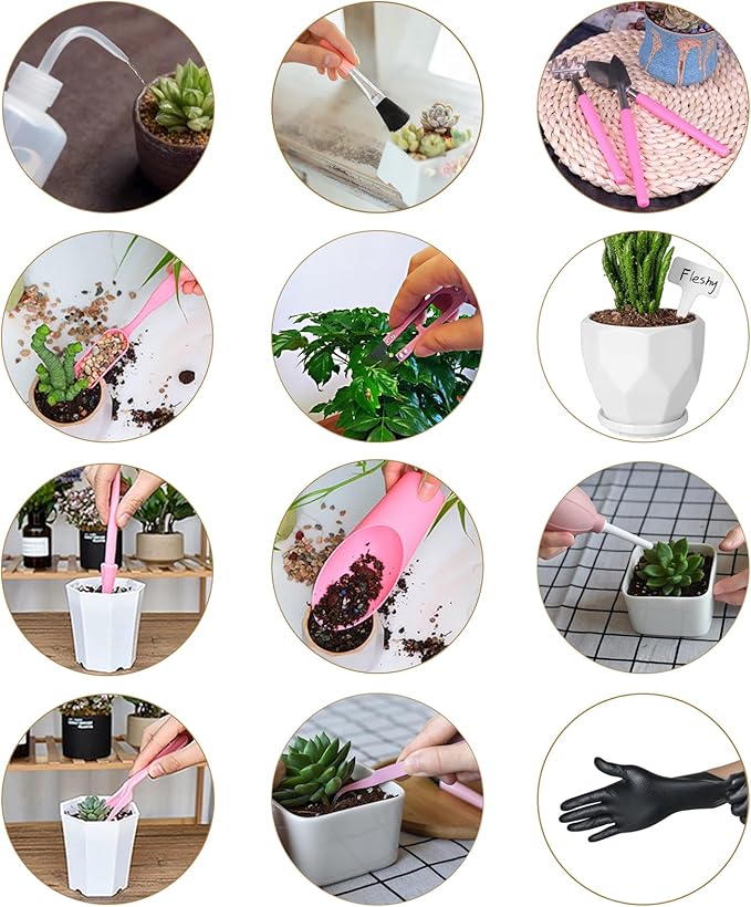 Melphoe 25Pcs Mini Garden Hand Transplanting Succulent Tools Set, 39.4" Thickened Repotting Mat & Plant Tag, Miniature Planting Indoor Fairy Care, Potting, Cactus, Houseplant Bonsai Tool Kit (Pink)
