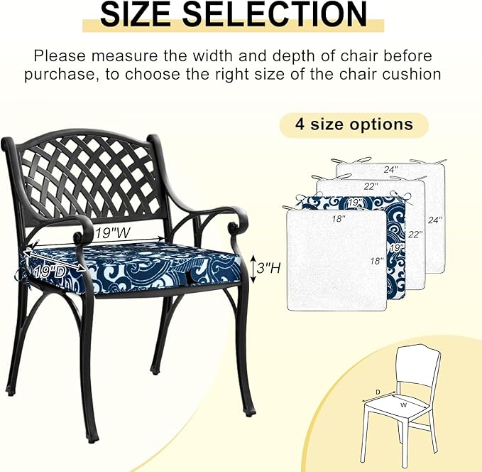 downluxe Outdoor Chair Cushions Set of 4, Waterproof 19" x 19" x 3" Patio Chair Cushion with Non-Slip Ties & Handle, Square Outdoor Cushion for Patio Furniture with Removable Cover, Blue Carp