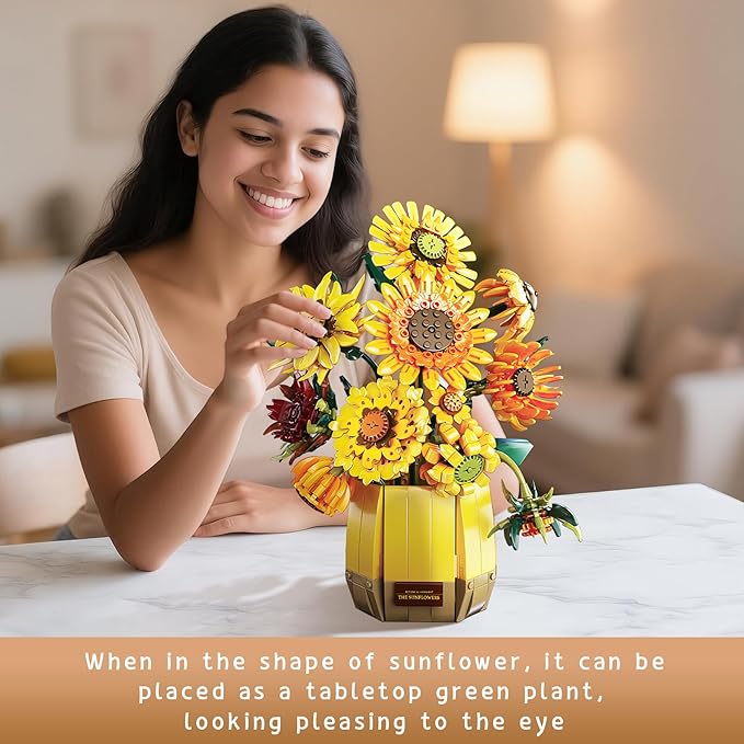 2 in 1 Sunflower Building Blocks Set with Vase, Botanical Collection Artificial Flowers Compatible with Lego for Adults, Gift for Christmas Home Décor Flower Table Centerpiece