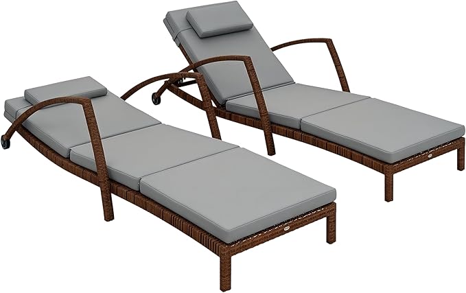Outsunny Wicker Chaise Lounge Chair Outdoor Set of 2, 5-Position Adjustable Reclining Pool Lounge Chairs with Wheels, Rattan Outdoor Lounger with Cushion, Armrests for Poolside Beach Backyard, Gray