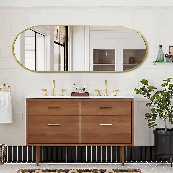 Large Oval Full Length Mirror, Pill Shaped Oblong Bathroom Wall-Mounted Mirrors