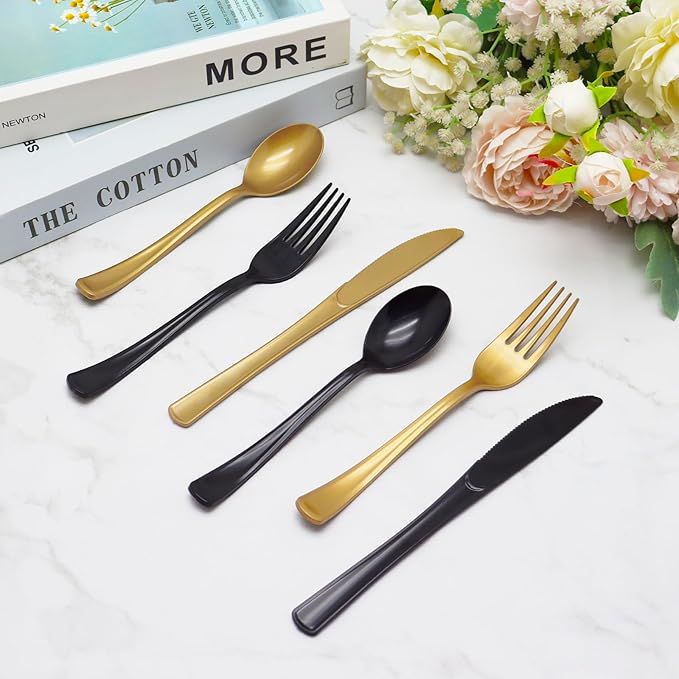 150 Pieces Black and Gold Plastic Silverware Heavy Duty 75 Black Plastic Utensils and 75 Gold Cutlery Tableware Sets Includes Spoons Forks Knives for Birthday Party, 2026 New Year