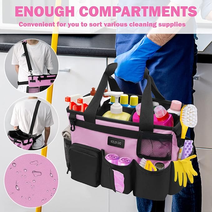 Wearable Cleaning Caddy Bag,Cleaning Supply Tote for Cleaning Supplies, Cleaning Organizer with Adjustable Shoulder and Waist Straps for Cleaners & Housekeepers (Large, Pink)
