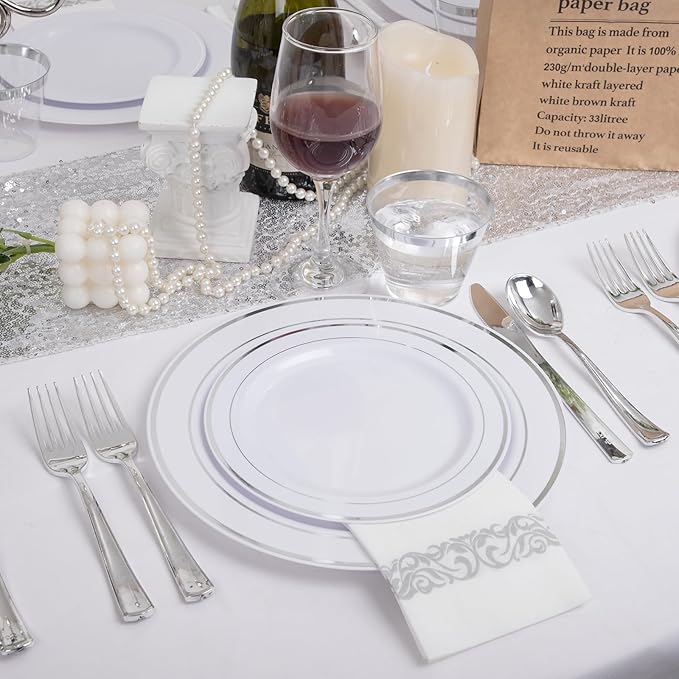 175Pcs Silver Plastic Dinnerware Set, Plastic Plates Disposable for 25 Guests Include:25 Dinner Plates, 25 Dessert Plates, 25 Paper Napkins, 25 Cups, 25 Silver Plastic Silverware Set