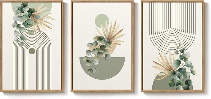 Framed Green Boho Wall Art for Living Room, 3 Piece Bohemian Botanical Canvas