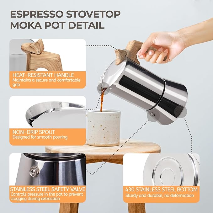 Uncoated 6 Cup Moka Pot 304 Thickened Stainless Steel Coffee Maker Stovetop Espresso Coffeemaker Italian Classic Style Brewing Greca Cafe Mocha Machine for Cafeteras Camping Travel Home 300ml 10oz